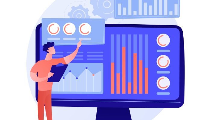 Statistical data research, company performance indicators, return on investment. Percentage ratio, indexes fluctuation, significative change. Vector isolated concept metaphor illustration.